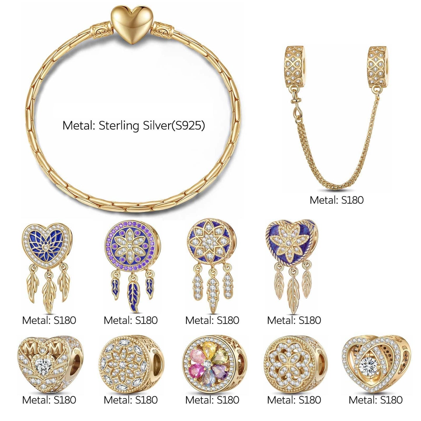 Sterling Silver Lavish Romance Charms Bracelet Set With Enamel In 14K Gold Plated (Includes bracelet and all charms shown)