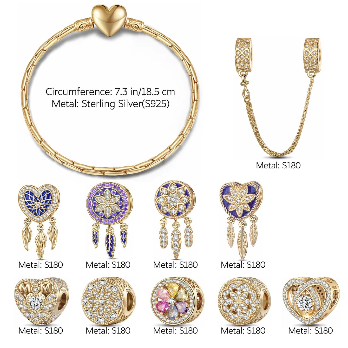 Sterling Silver Lavish Romance Charms Bracelet Set With Enamel In 14K Gold Plated (Includes bracelet and all charms shown)