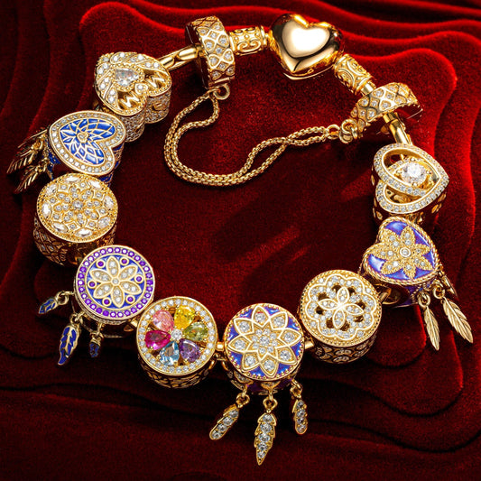 gon- Sterling Silver Lavish Romance Charms Bracelet Set With Enamel In 14K Gold Plated