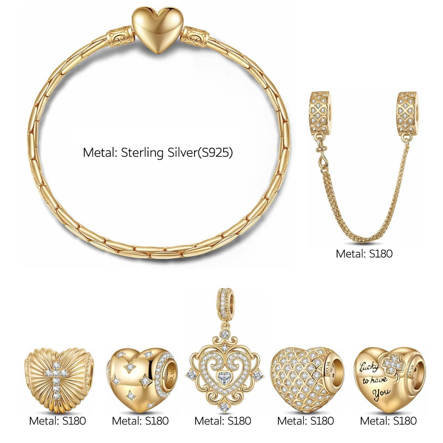 Sterling Silver Lucky to Have You Charms Bracelet Set In 14K Gold Plated (Includes bracelet and all charms shown)