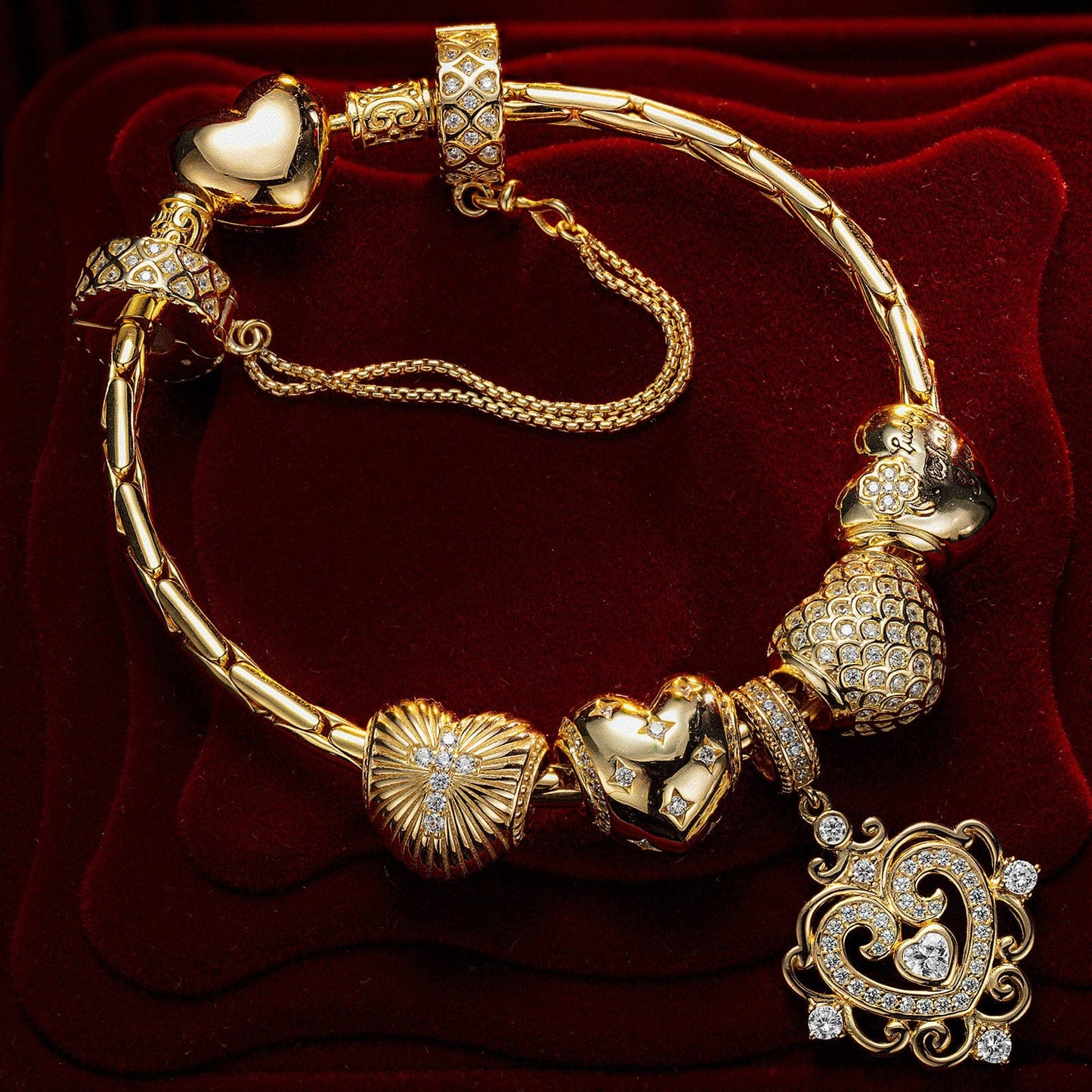 Sterling Silver Lucky to Have You Charms Bracelet Set In 14K Gold Plated (Includes bracelet and all charms shown)