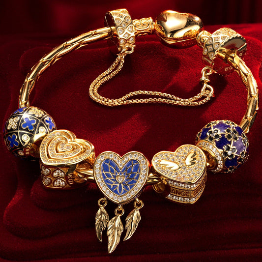 gona- Sterling Silver Whimsical Romance Charms Bracelet Set With Enamel In 14K Gold Plated (Includes bracelet and all charms shown)