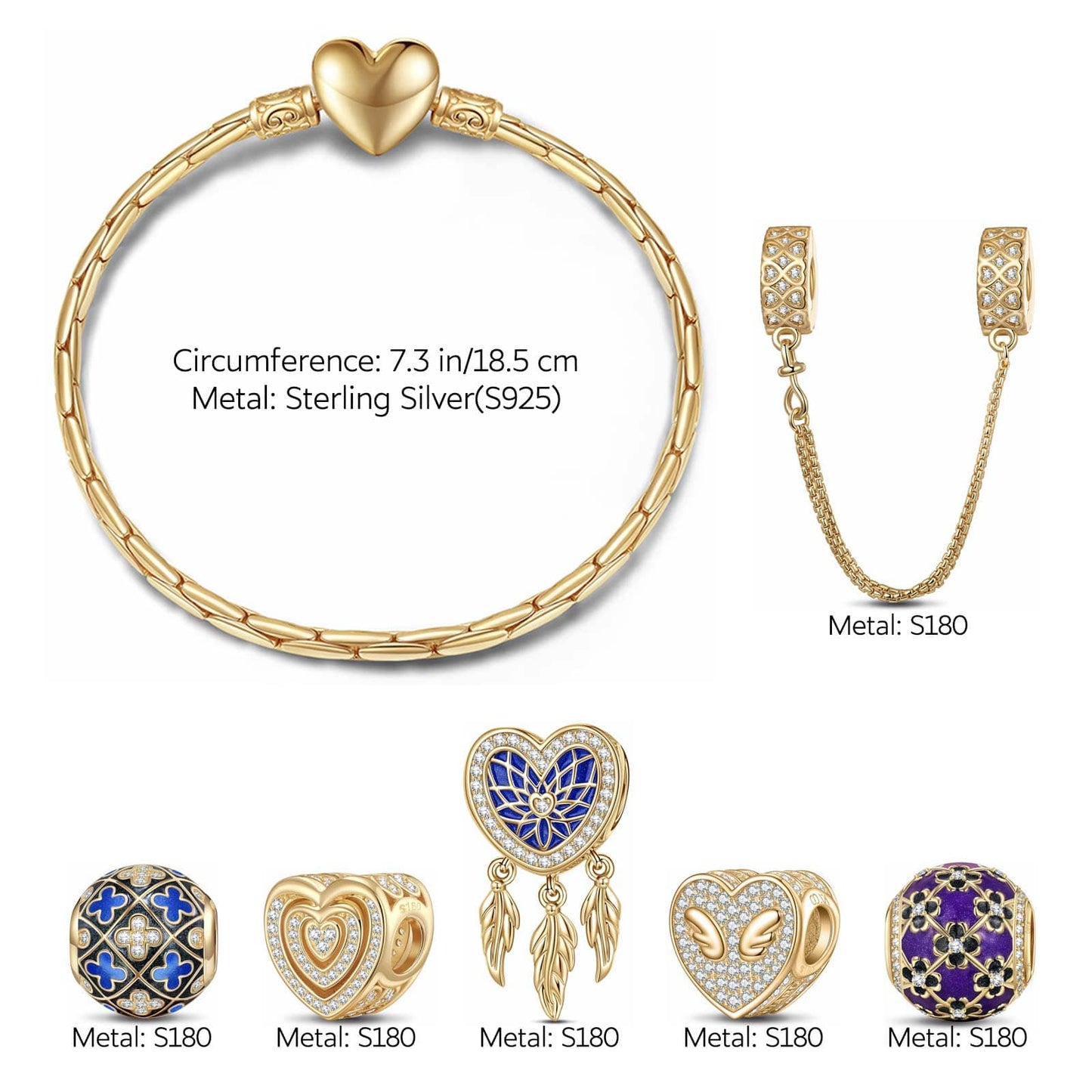 Sterling Silver Whimsical Romance Charms Bracelet Set With Enamel In 14K Gold Plated (Includes bracelet and all charms shown)