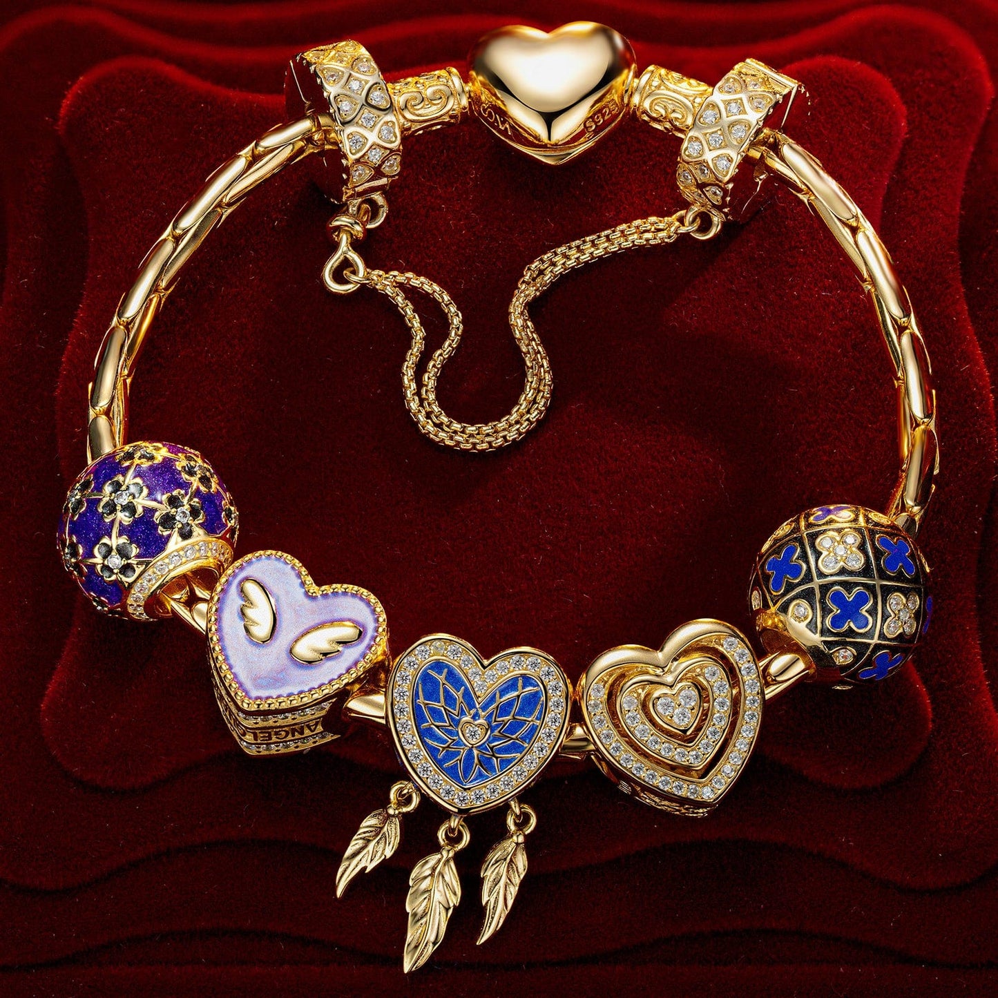 Sterling Silver Whimsical Romance Charms Bracelet Set With Enamel In 14K Gold Plated (Includes bracelet and all charms shown)