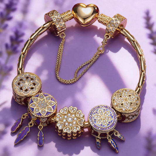 gona- Sterling Silver Lavender Love Charms Bracelet Set With Enamel In 14K Gold Plated (Includes bracelet and all charms shown)