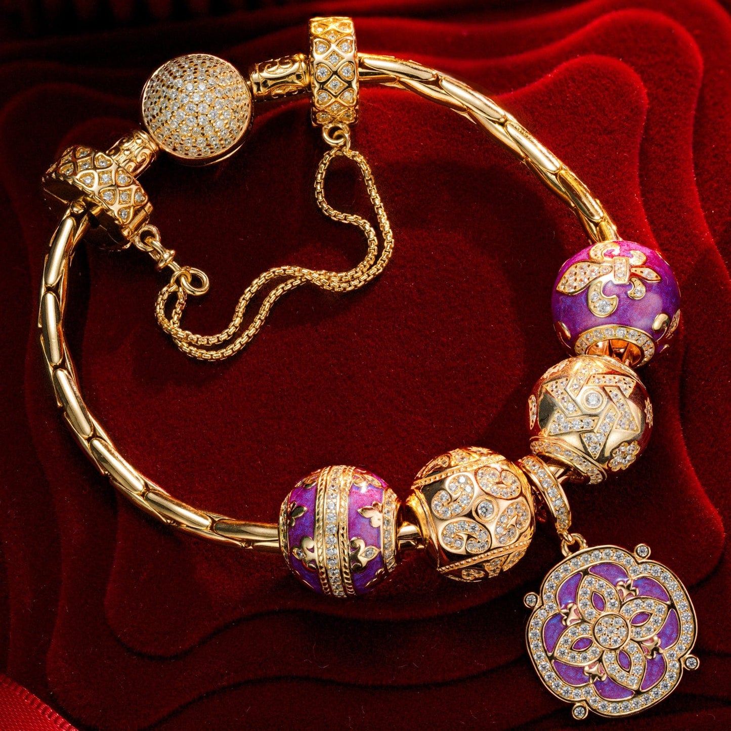 Sterling Silver Lavish Amour Charms Bracelet Set With Enamel In 14K Gold Plated