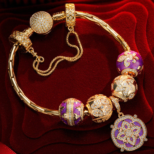 gona- Sterling Silver Lavish Amour Charms Bracelet Set With Enamel In 14K Gold Plated (Includes bracelet and all charms shown)