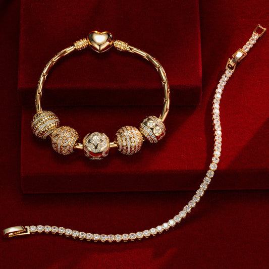 gona- Sterling Silver Layered Bracelets Set: Tennis Bracelet and Endless Love Charms Bracelet Set In 14K Gold Plated (Includes bracelet and all charms shown)