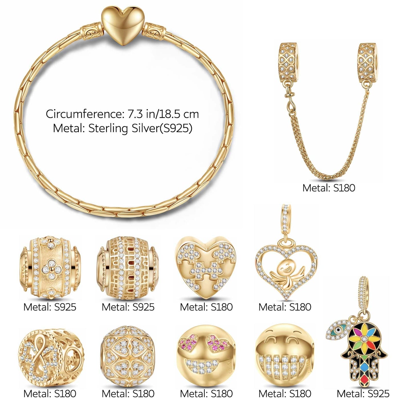 Sterling Silver Good Luck and Laugh Charms Bracelet Set With Enamel In 14K Gold Plated (Includes bracelet and all charms shown)