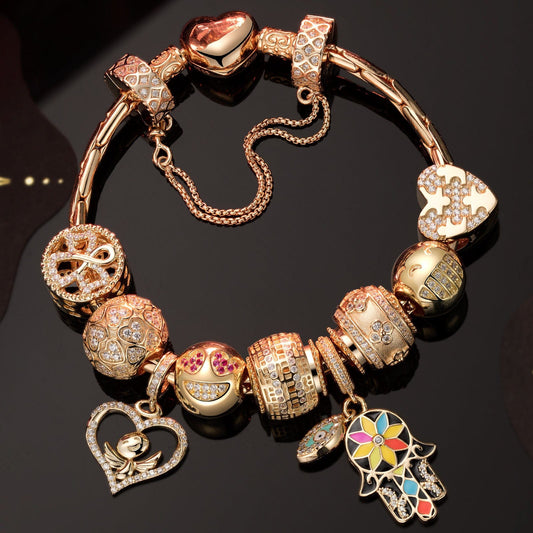gona- Sterling Silver Good Luck and Laugh Charms Bracelet Set With Enamel In 14K Gold Plated (Includes bracelet and all charms shown)