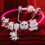 Sterling Silver Cheerful Critter Animals Charms Bracelet Set With Enamel In White Gold Plated