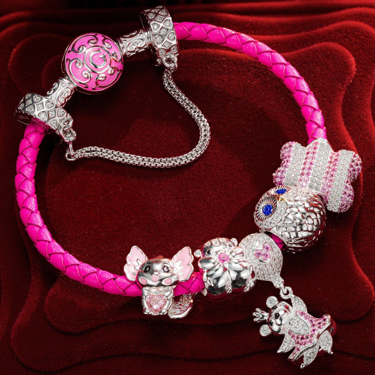 Sterling Silver Cheerful Critter Animals Charms Bracelet Set With Enamel In White Gold Plated (Includes bracelet and all charms shown)