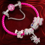 Sterling Silver Cheerful Critter Animals Charms Bracelet Set With Enamel In White Gold Plated (Includes bracelet and all charms shown)