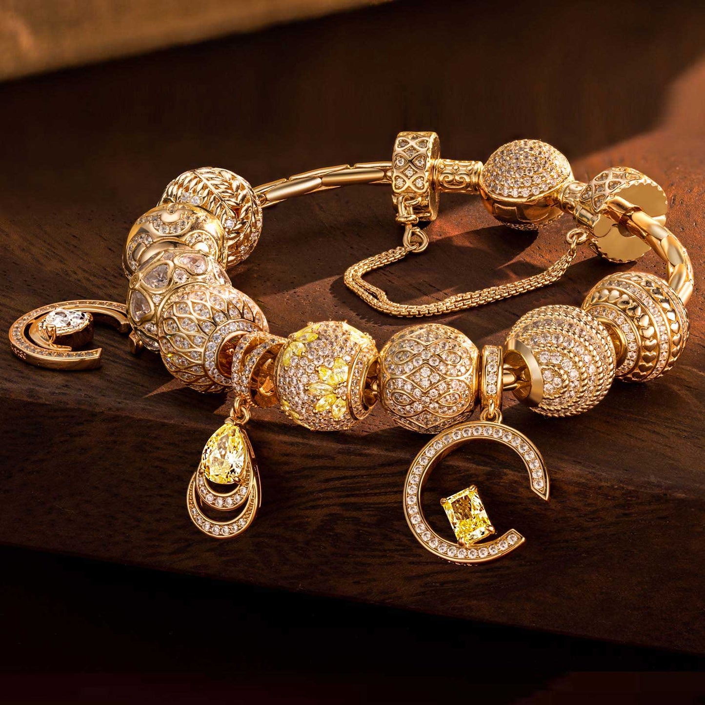 Sterling Silver Luminous Manhattan Charms Bracelet Set In 14K Gold Plated (Includes bracelet and all charms shown)