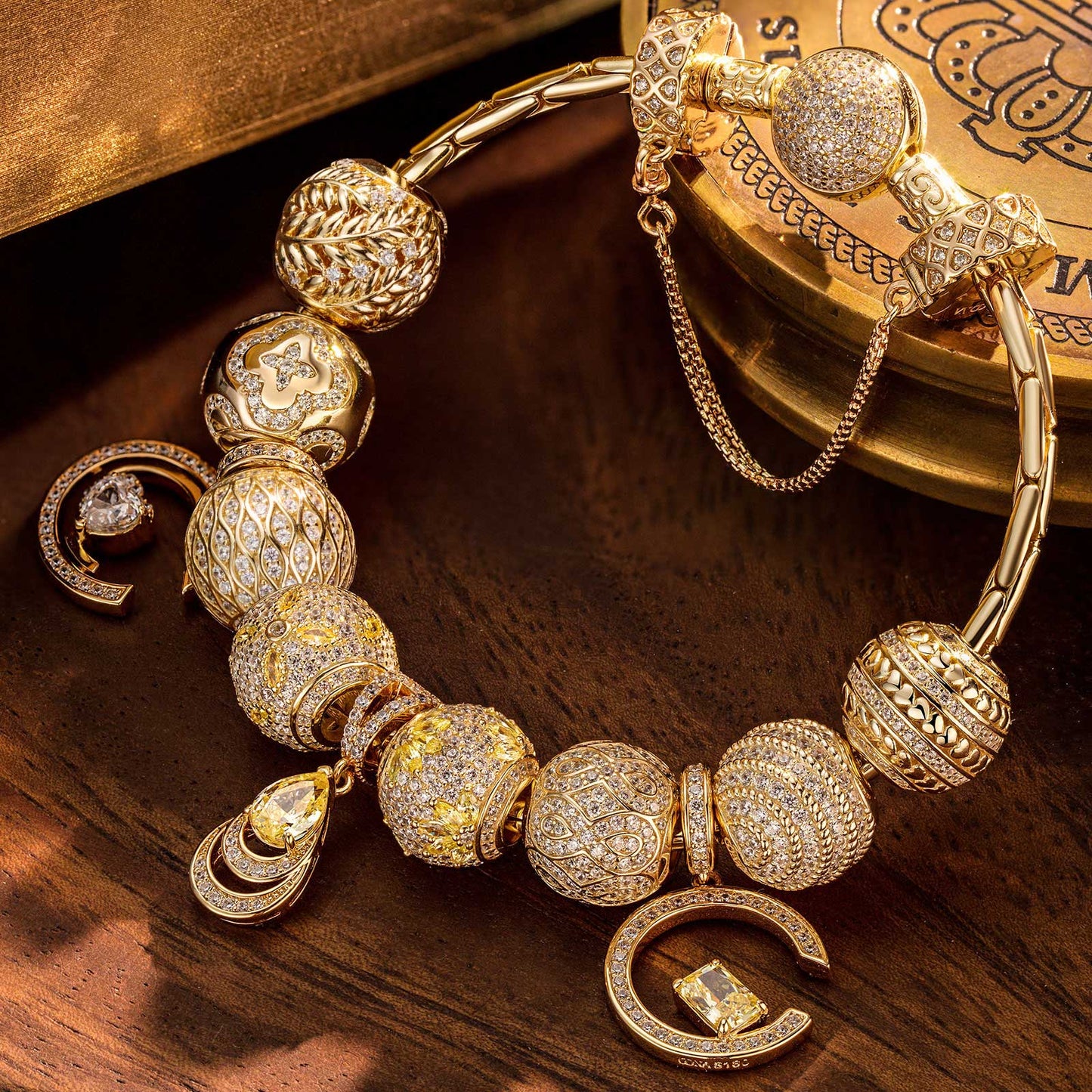 Sterling Silver Luminous Manhattan Charms Bracelet Set In 14K Gold Plated (Includes bracelet and all charms shown)