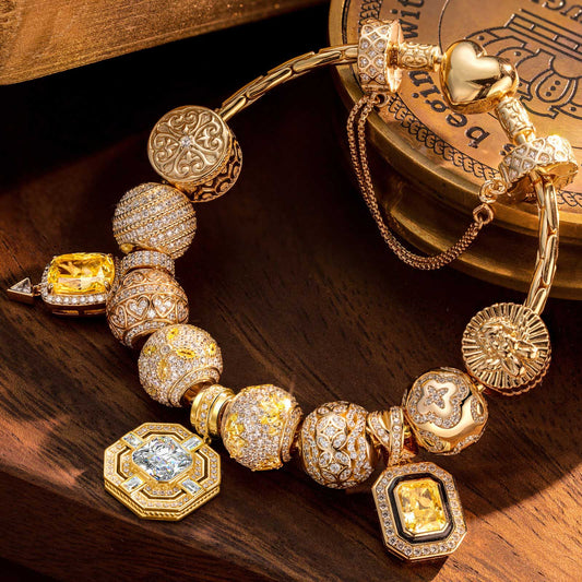 gona- Sterling Silver Artistic Whispers Charms Bracelet Set In 14K Gold Plated (Includes bracelet and all charms shown)