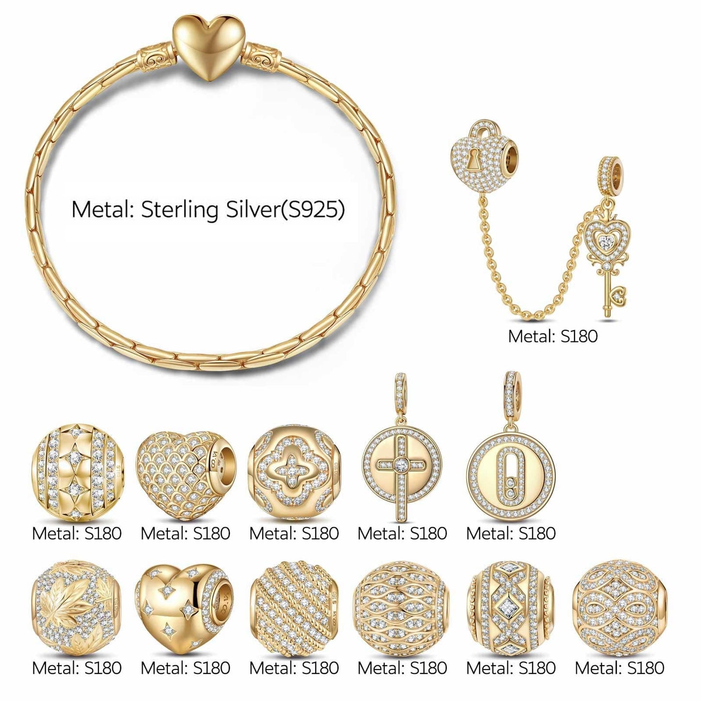 Sterling Silver Vibrant Streets Charms Bracelet Set In 14K Gold Plated (Includes bracelet and all charms shown)