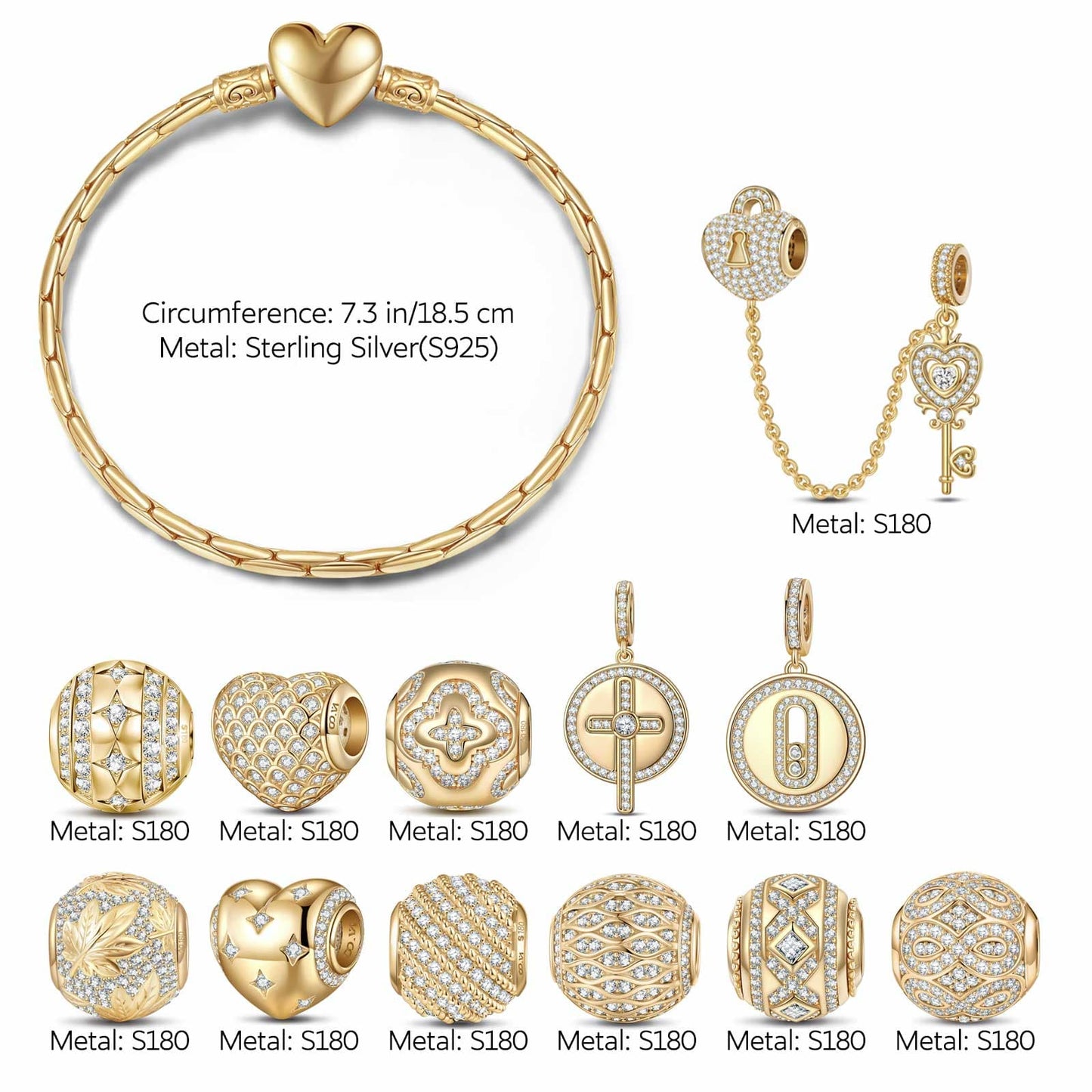 Sterling Silver Vibrant Streets Charms Bracelet Set In 14K Gold Plated (Includes bracelet and all charms shown)