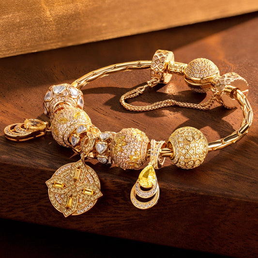 gona- Sterling Silver Artistic Horizon Charms Bracelet Set In 14K Gold Plated (Includes bracelet and all charms shown)