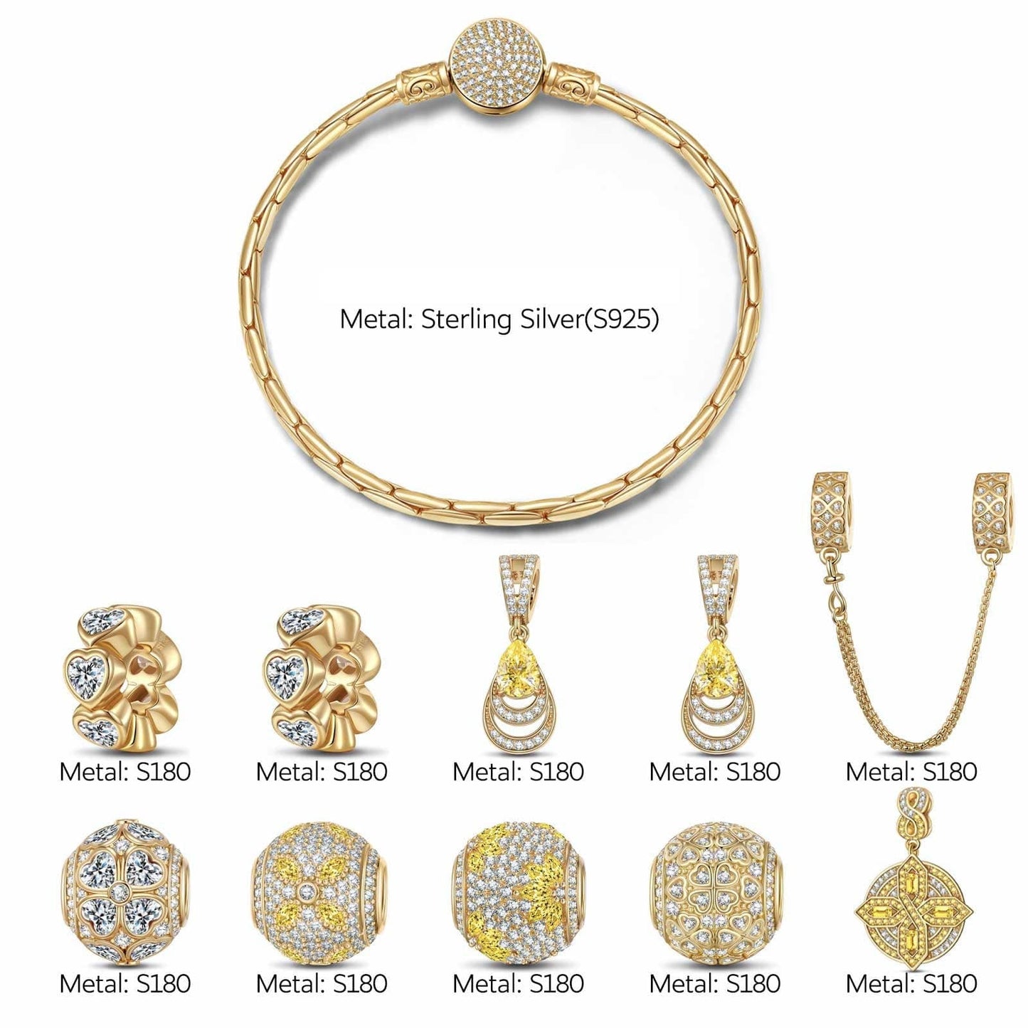 Sterling Silver Artistic Horizon Charms Bracelet Set In 14K Gold Plated (Includes bracelet and all charms shown)