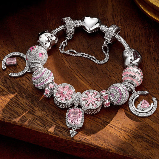 gon- Sterling Silver Riverside Romance Charms Bracelet Set With Enamel In White Gold Plated