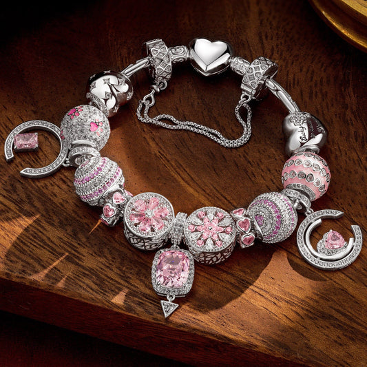 gon- Sterling Silver Riverside Romance Charms Bracelet Set With Enamel In White Gold Plated (Includes bracelet and all charms shown)