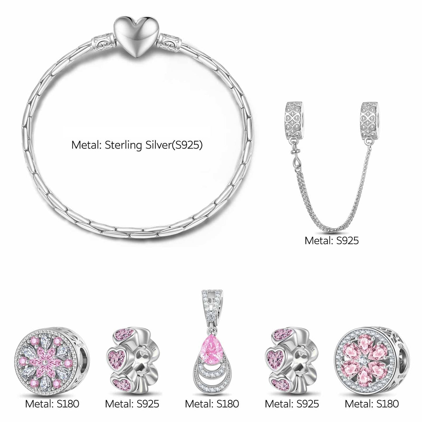 Sterling Silver Sakura Waterdrop Charms Bracelet Set In White Gold Plated (Includes bracelet and all charms shown)
