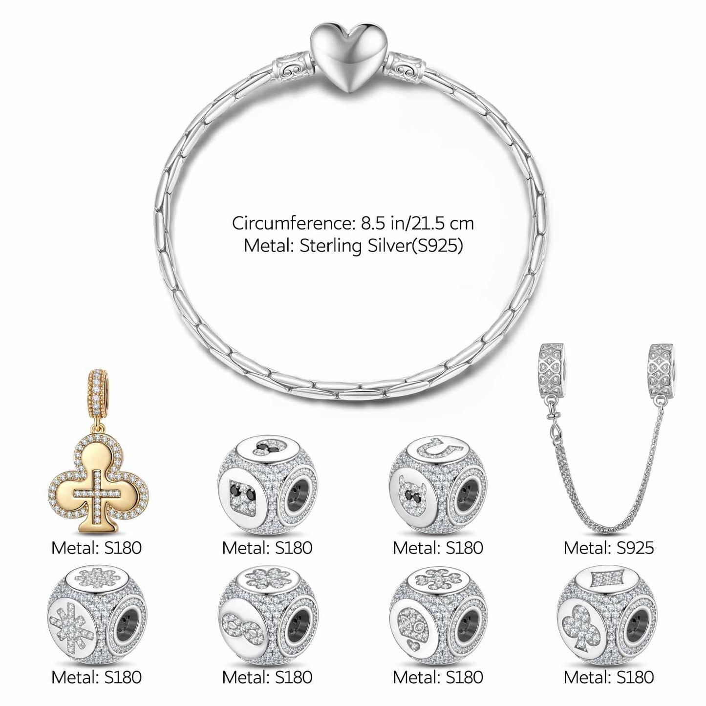 Sterling Silver Cross of Destiny Charms Bracelet Set In White Gold Plated (Includes bracelet and all charms shown)