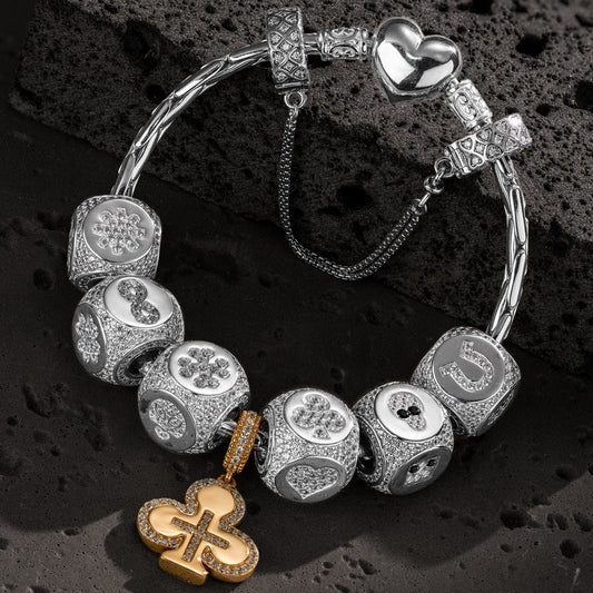 gon- Sterling Silver Cross of Destiny Charms Bracelet Set In White Gold Plated (Includes bracelet and all charms shown)