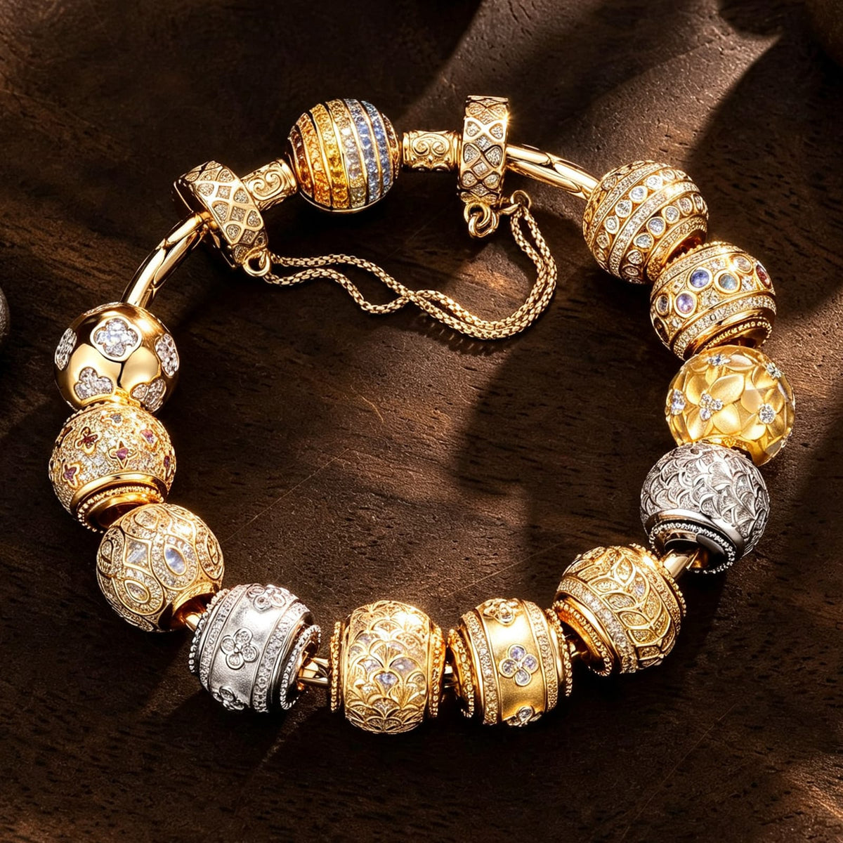 Sterling Silver Blossoming Luck Charms Bracelet Set In 14K Gold Plated (Includes bracelet and all charms shown)