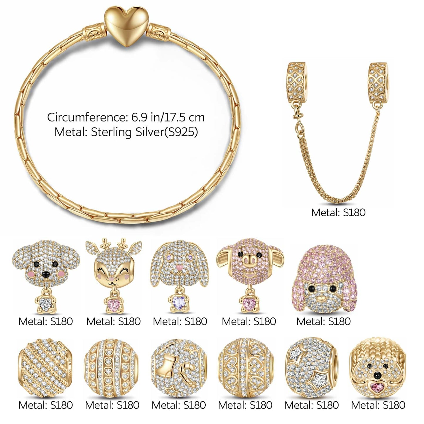 Sterling Silver Adorable Wonderland Animals Charms Bracelet Set In 14K Gold Plated