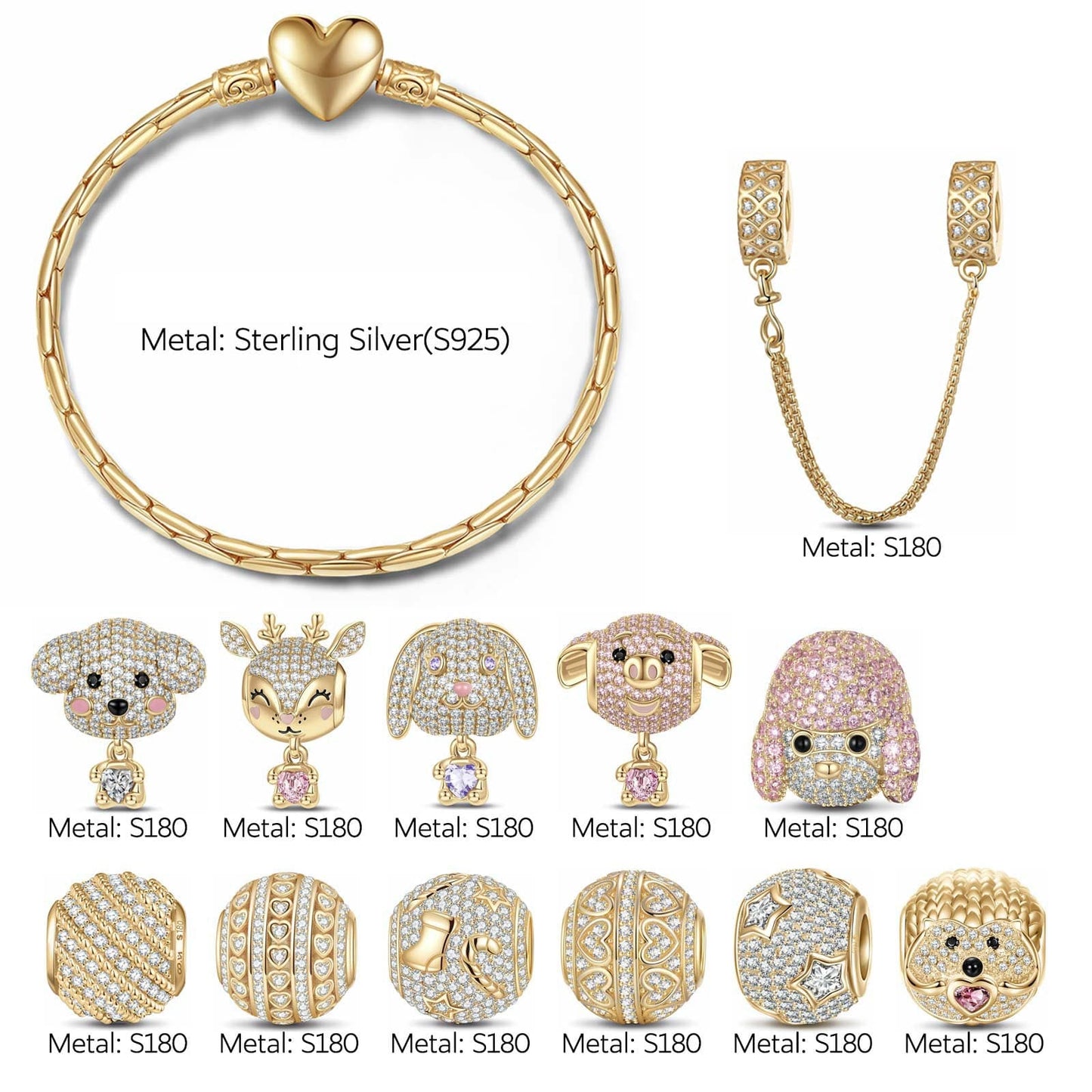 Sterling Silver Adorable Wonderland Animals Charms Bracelet Set In 14K Gold Plated (Includes bracelet and all charms shown)