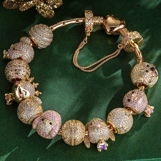 gona- Sterling Silver Adorable Wonderland Animals Charms Bracelet Set In 14K Gold Plated (Includes bracelet and all charms shown)