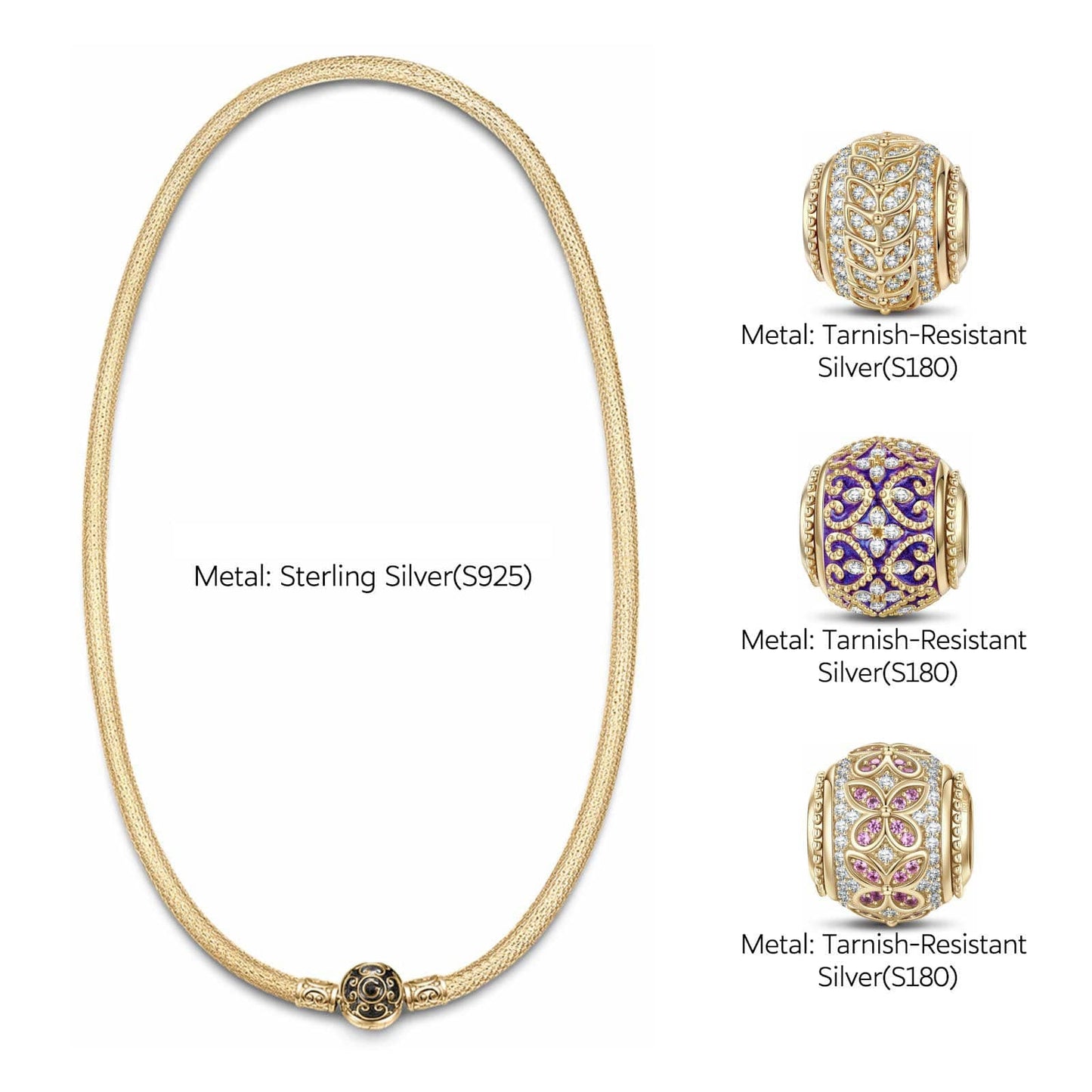 Sterling Silver Luxuriant Growth Charms Necklace Set With Enamel In 14K Gold Plated