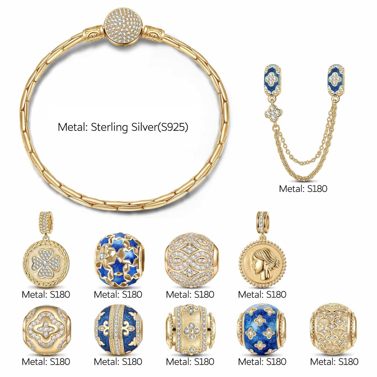 Sterling Silver Lucky Stardust Charms Bracelet Set With Enamel In 14K Gold Plated (Includes bracelet and all charms shown)
