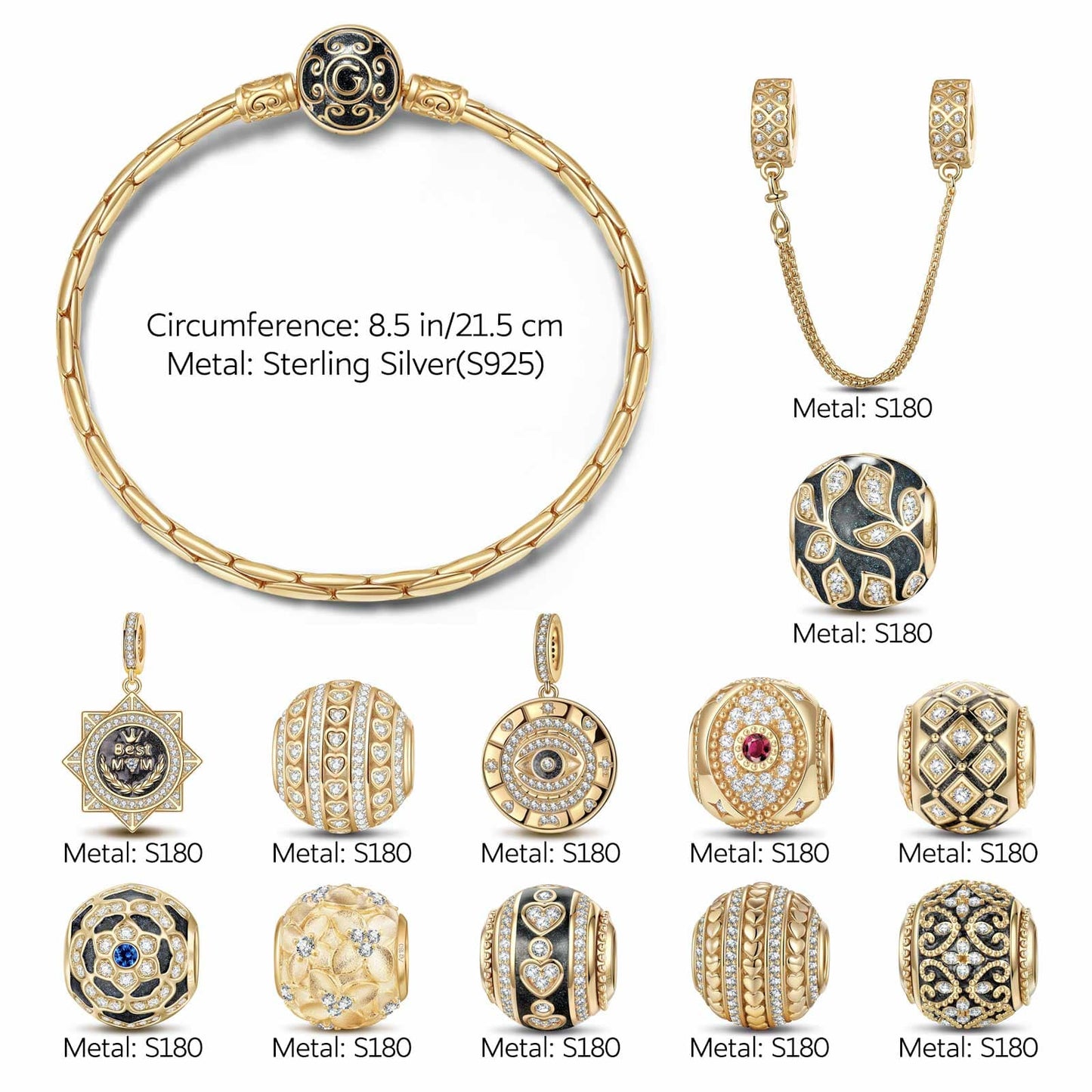 Sterling Silver The Enchanted Garden Charms Bracelet Set With Enamel In 14K Gold Plated (Includes bracelet and all charms shown)