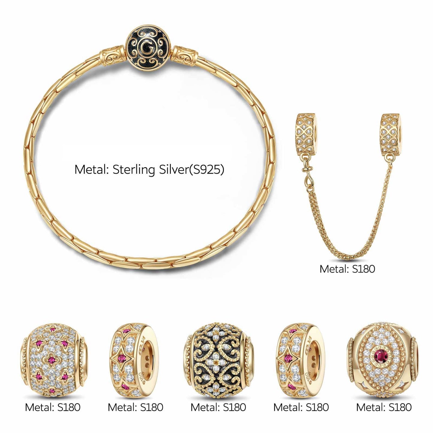 Sterling Silver Starry Blossoms Charms Bracelet Set With Enamel In 14K Gold Plated (Includes bracelet and all charms shown)