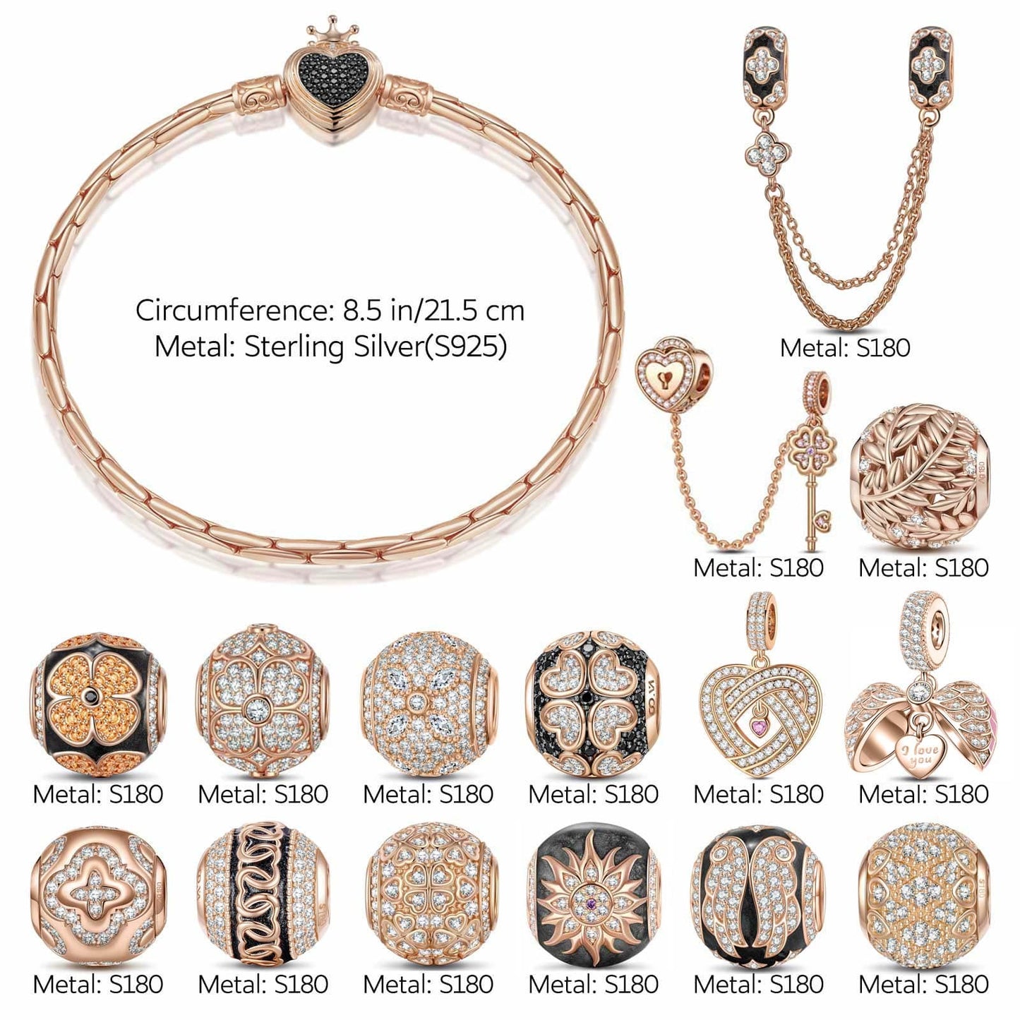 Sterling Silver Heartfelt Wishes Charms Bracelet Set With Enamel In Rose Gold Plated (Includes bracelet and all charms shown)