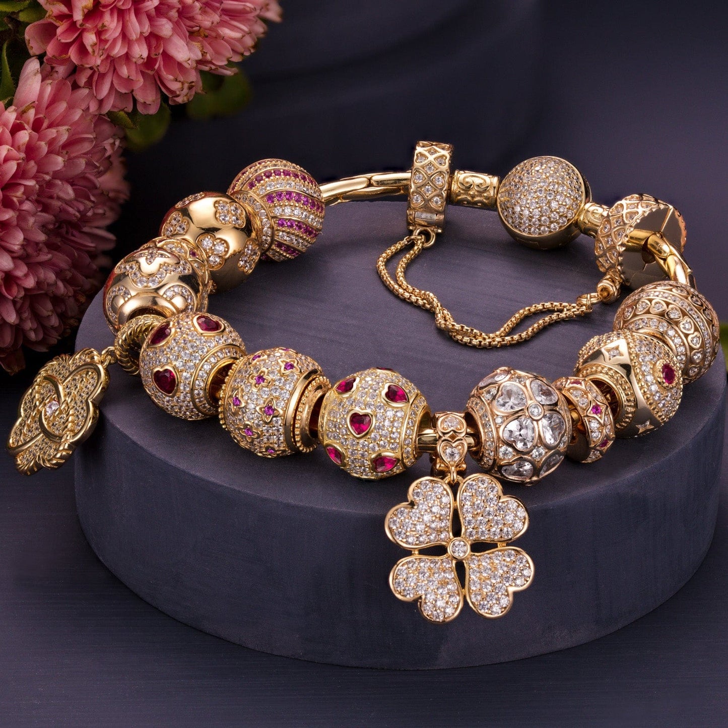 Sterling Silver Heart's Desire Charms Bracelet Set In 14K Gold Plated (Includes bracelet and all charms shown)