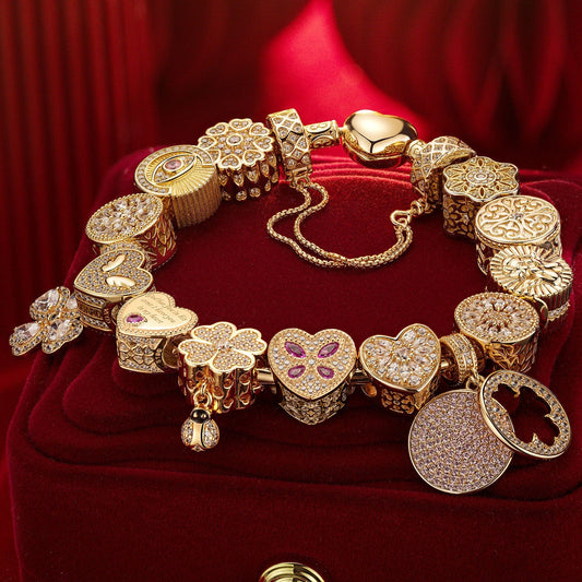 gona- Sterling Silver Love's Glow Charms Bracelet Set With Enamel In 14K Gold Plated (Includes bracelet and all charms shown)