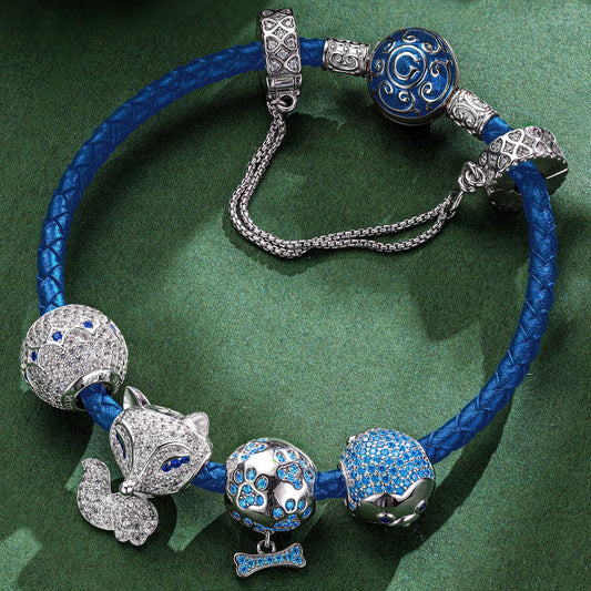 gona- Fox and Seal Sterling Silver Animals Charms Bracelet Set In White Gold Plated (Includes bracelet and all charms shown)