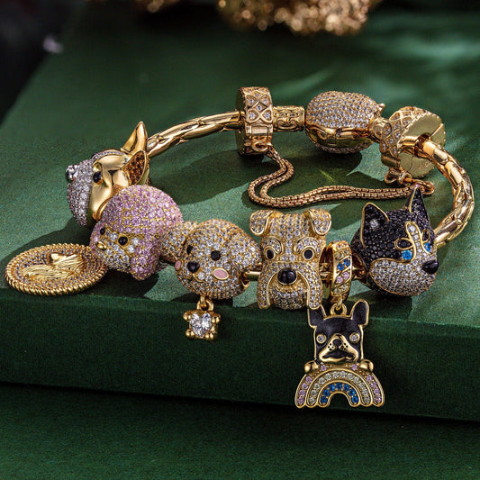 gona- Enchanting Canines Sterling Silver Dogs Charms Bracelet Set With Enamel In 14K Gold Plated (Includes bracelet and all charms shown)