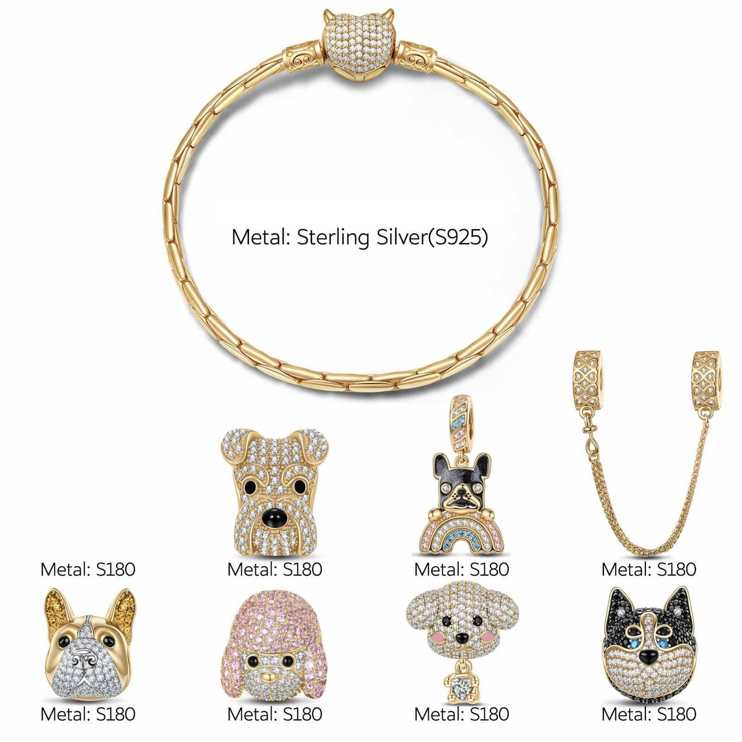 Enchanting Canines Sterling Silver Dogs Charms Bracelet Set With Enamel In 14K Gold Plated (Includes bracelet and all charms shown)