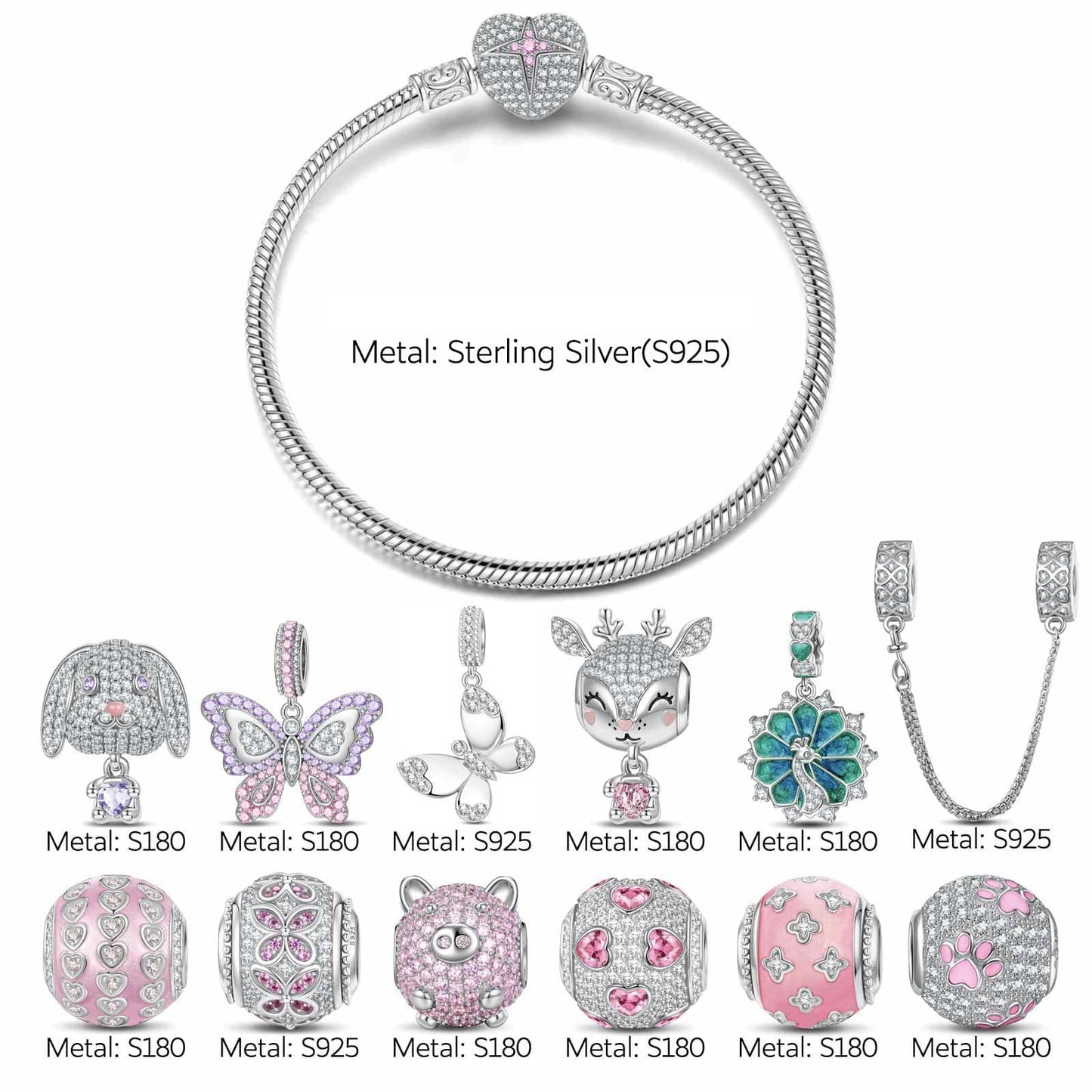 Rosy Whimsy Sterling Silver Animals Charms Bracelet Set With Enamel In White Gold Plated (Includes bracelet and all charms shown)