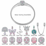 Rosy Whimsy Sterling Silver Animals Charms Bracelet Set With Enamel In White Gold Plated (Includes bracelet and all charms shown)