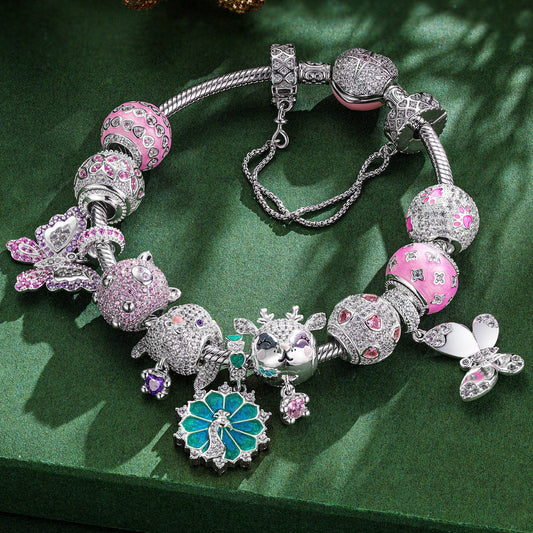 gona- Rosy Whimsy Sterling Silver Animals Charms Bracelet Set With Enamel In White Gold Plated (Includes bracelet and all charms shown)