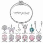 Rosy Whimsy Sterling Silver Animals Charms Bracelet Set With Enamel In White Gold Plated (Includes bracelet and all charms shown)