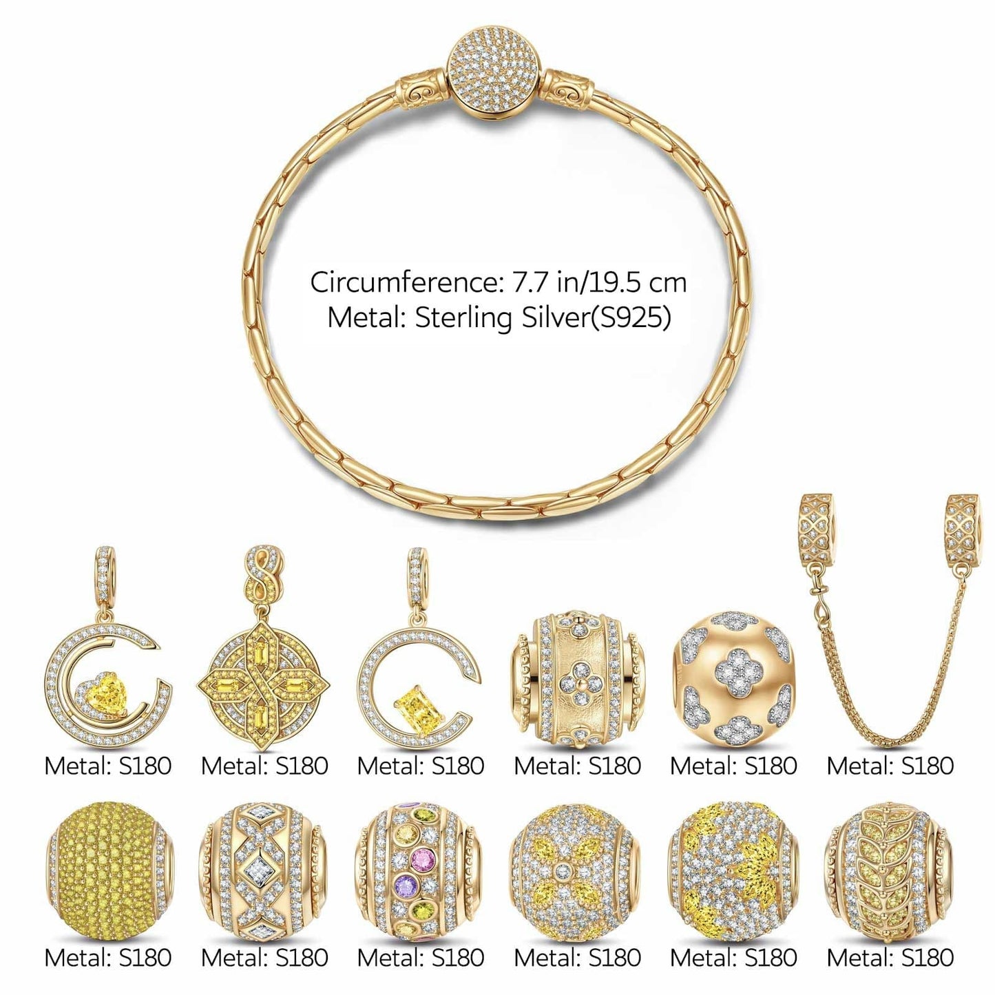 Sterling Silver Rooftop Soiree Charms Bracelet Set In 14K Gold Plated (Includes bracelet and all charms shown)