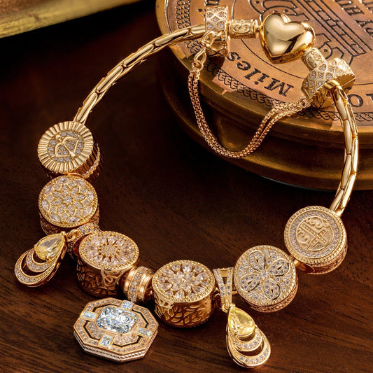 gona- Sterling Silver Serene Shimmer Charms Bracelet Set In 14K Gold Plated (Includes bracelet and all charms shown)