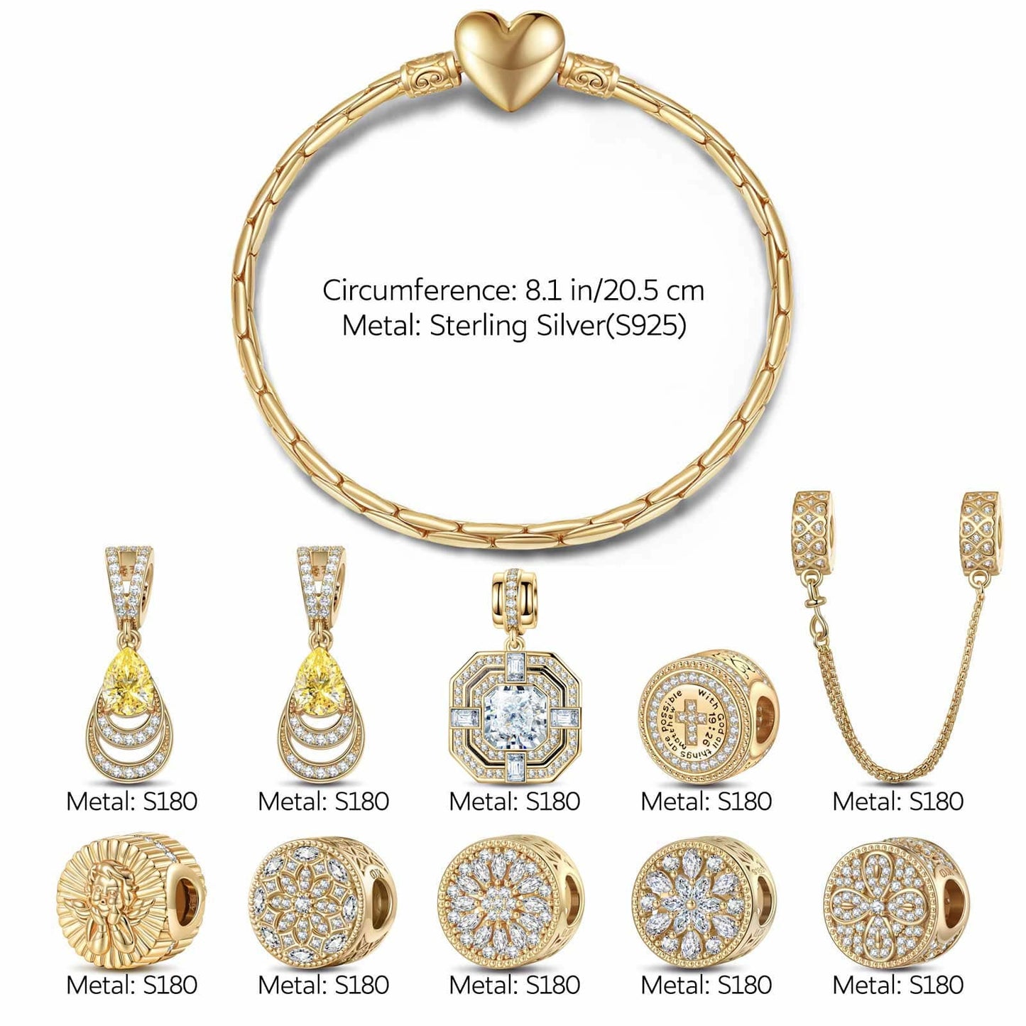 Sterling Silver Serene Shimmer Charms Bracelet Set In 14K Gold Plated (Includes bracelet and all charms shown)